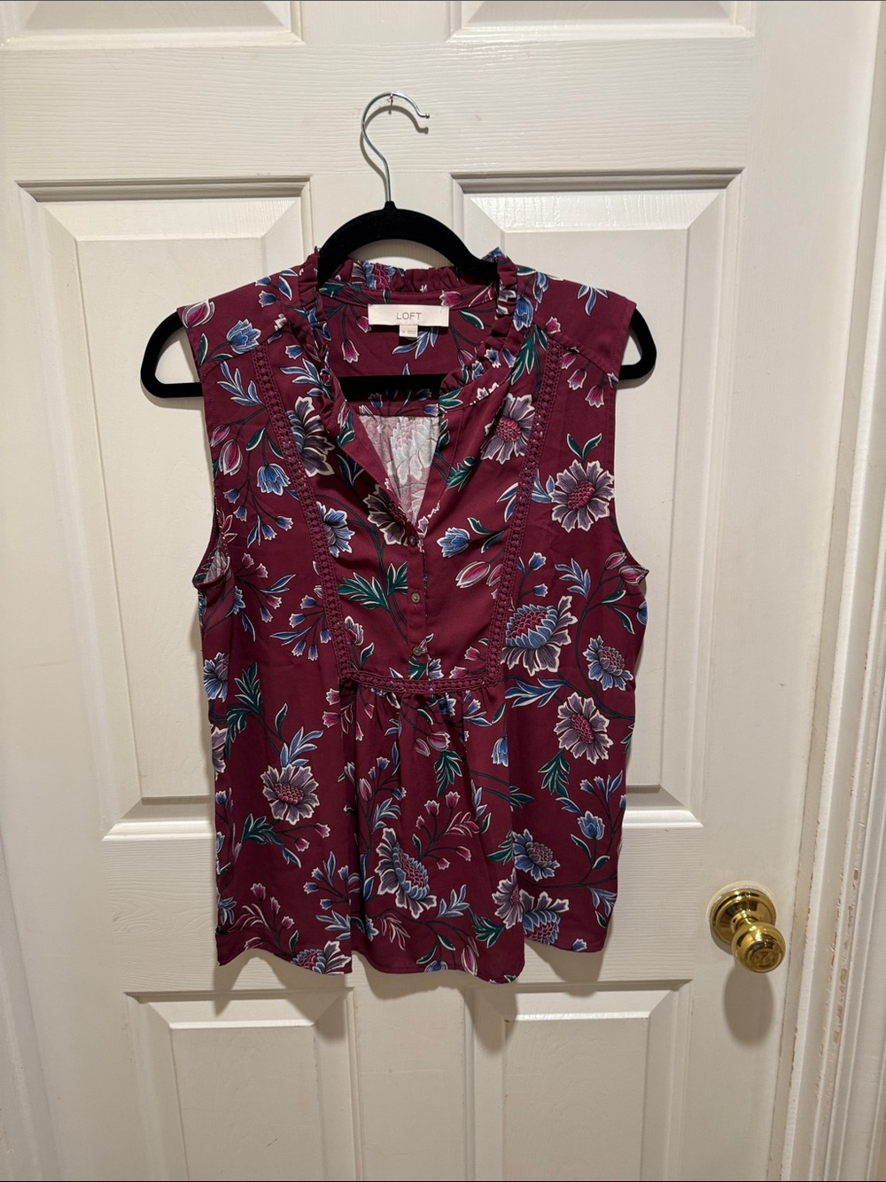 LOFT Sleeveless Floral V-Neck Camisole in Wine with Blue and Green Accents
